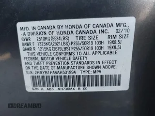 2010 Acura ZDX Tech Pkg with VIN 2HNYB1H44AH501894, listed as a IAAI auction lot 41606969 with 210,308 mi miles. Bid and sale history available at carsss.com. Image 9.