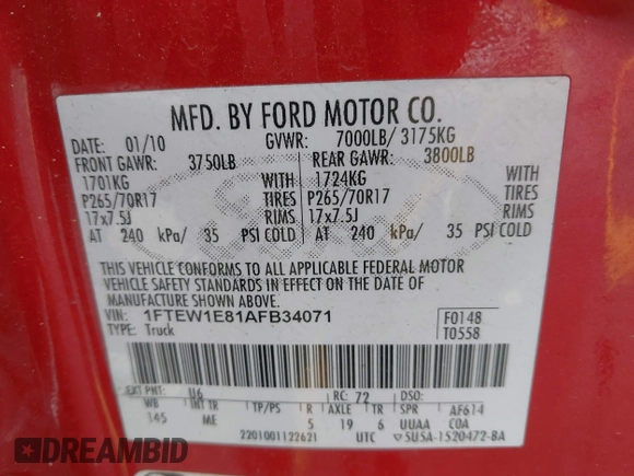 2010 Ford F-150 XL with VIN 1FTEW1E81AFB34071, listed as a IAAI auction lot 41928875 with 202,665 mi miles and . Bid and sale history available at DreamBid. Image 9.