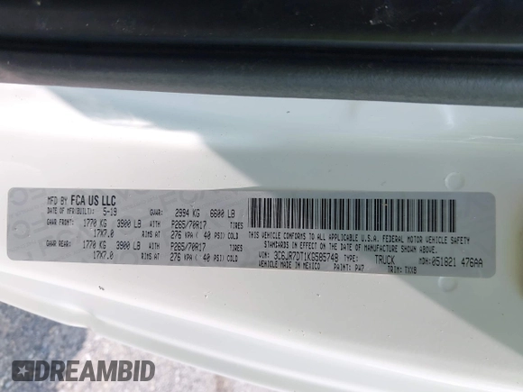 2019 Ram 1500 Tradesman с VIN 3C6JR7DT1KG585748, выставлен на аукционе IAAI как лот 42388256 с пробегом 161 573 миль миль и . История ставок и продаж доступна на DreamBid. Изображение 9.