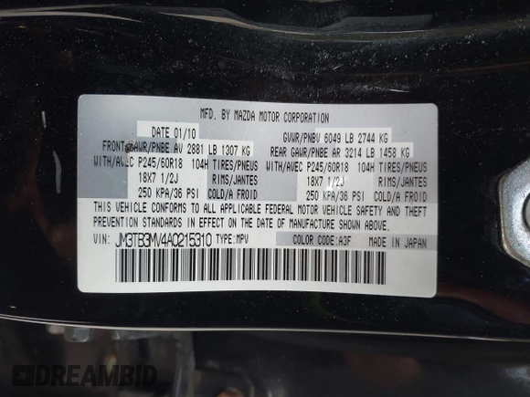 2010 Mazda CX-9 Grand Touring with VIN JM3TB3MV4A0215310, listed as a IAAI auction lot 41869975 with 129,134 mi miles. Bid and sale history available at carsss.com. Image 9.