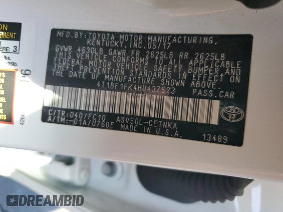 2017 Toyota Camry XLE с VIN 4T1BF1FK4HU437523, выставлен на аукционе Copart как лот 56213585 с пробегом 80 691 миль миль и Списание • Salvage title. История ставок и продаж доступна на DreamBid. Изображение 12.