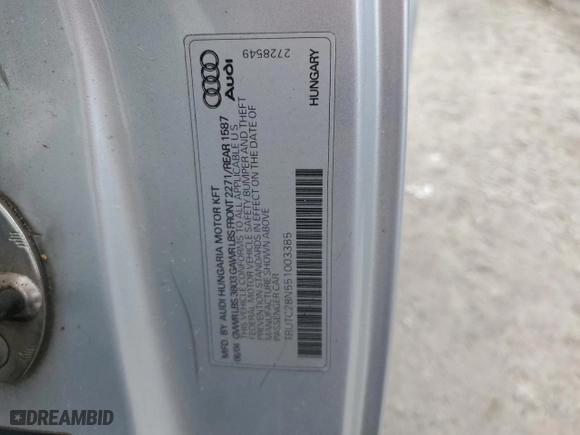 2005 Audi TT with VIN TRUTC28N551003385, listed as a Copart auction lot 47131125 with 102,278 mi miles and Salvage Title. Bid and sale history available at carsss.com. Image 13.