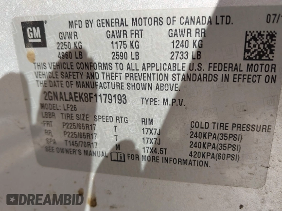2015 Chevrolet Equinox LS with VIN 2GNALAEK8F1179193, listed as a IAAI auction lot 42106476 with 129,296 mi miles. Bid and sale history available at carsss.com. Image 9.
