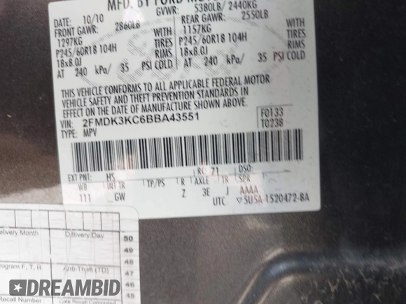 2011 Ford Edge Limited with VIN 2FMDK3KC6BBA43551, listed as a IAAI auction lot 42666464 with 219,808 mi miles and . Bid and sale history available at DreamBid. Image 9.