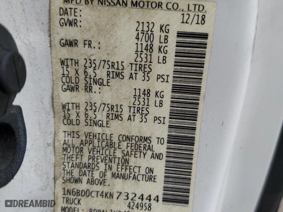 2019 Nissan Frontier S with VIN 1N6BD0CT4KN732444, listed as a Copart auction lot 50741255 with 120,140 mi miles and Salvage Title. Bid and sale history available at carsss.com. Image 12.
