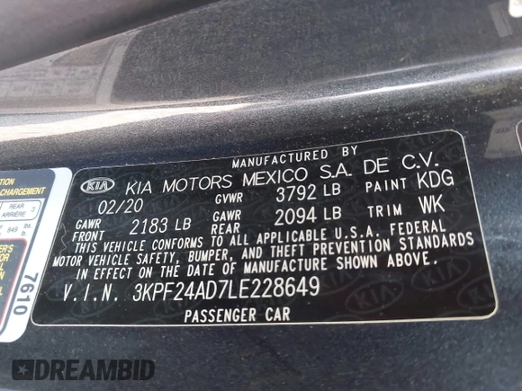 2020 Kia Forte LXS z VIN 3KPF24AD7LE228649, wystawiony jako IAAI lot #42104658 z przebiegiem 59 788 mil mil oraz . Historia ofert i sprzedaży dostępna na DreamBid. Obrazek 9.