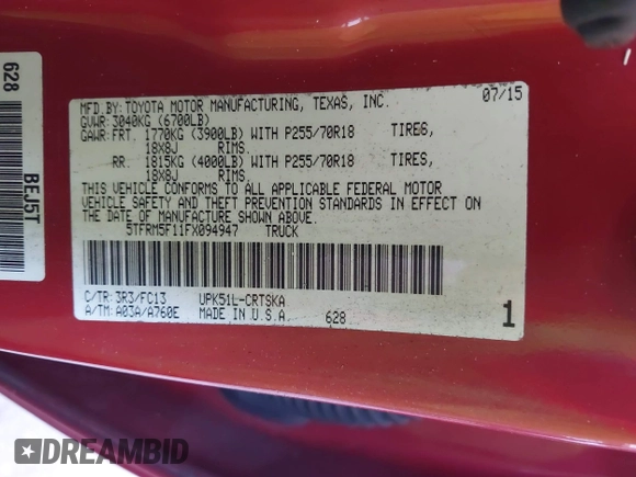 2015 Toyota Tundra SR with VIN 5TFRM5F11FX094947, listed as a IAAI auction lot 42066685 with 59,644 mi miles and . Bid and sale history available at DreamBid. Image 9.