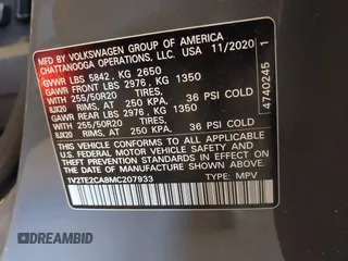 2021 Volkswagen Atlas SEL Premium with VIN 1V2TE2CA8MC207933, listed as a IAAI auction lot 41823640 with 64,425 mi miles and . Bid and sale history available at DreamBid. Image 9.