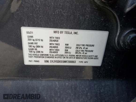 2021 Tesla Model Y Long Range with VIN 5YJYGDEE6MF200883, listed as a Copart auction lot 51707405 with 59,820 mi miles and Salvage Title. Bid and sale history available at DreamBid. Image 12.
