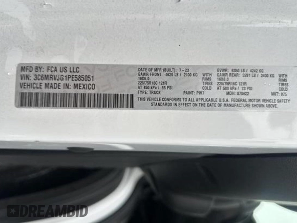2023 Ram ProMaster Cargo with VIN 3C6MRVJG1PE585051, listed as a Copart auction lot 48306465 with 7,140 mi miles and Clean Title. Bid and sale history available at DreamBid. Image 10.