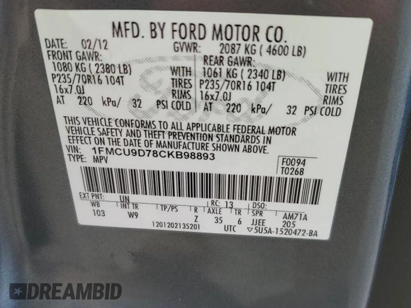 2012 Ford Escape XLT with VIN 1FMCU9D78CKB98893, listed as a Copart auction lot 63871775 with 146,587 mi miles and Clean title. Bid and sale history available at DreamBid. Image 13.