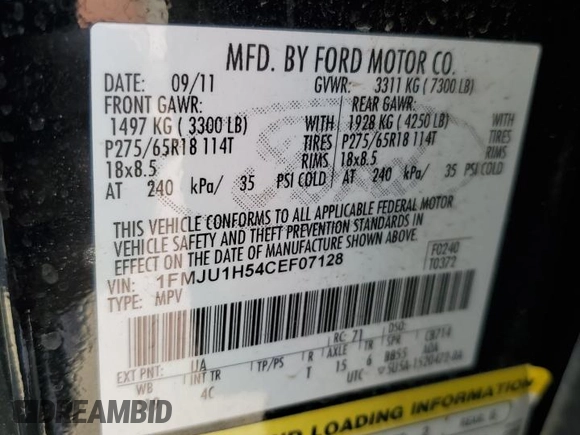 2012 Ford Expedition XLT with VIN 1FMJU1H54CEF07128, listed as a Copart auction lot 59270045 with 205,245 mi miles and Salvage title. Bid and sale history available at DreamBid. Image 14.