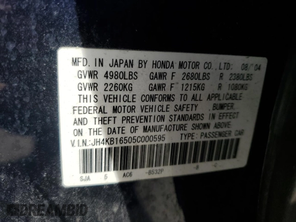 2005 Acura RL z VIN JH4KB16505C000595, wystawiony jako Copart lot #54083305 z przebiegiem Nie podano mil oraz Szkoda całkowita • Salvage title. Historia ofert i sprzedaży dostępna na DreamBid. Obrazek 12.
