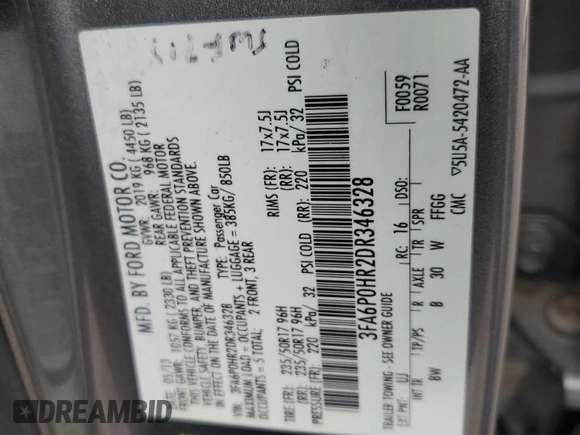 2013 Ford Fusion SE with VIN 3FA6P0HR2DR346328, listed as a Copart auction lot 51632535 with 153,976 mi miles and Salvage Title. Bid and sale history available at DreamBid. Image 12.