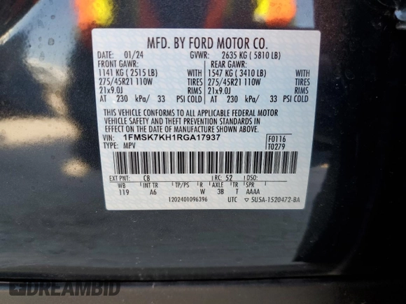 2024 Ford Explorer ST-Line with VIN 1FMSK7KH1RGA17937, listed as a Copart auction lot 75706544 with 2,369 mi miles and Salvage Title. Bid and sale history available at carsss.com. Image 13.