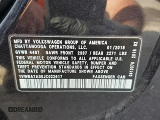 2018 Volkswagen Passat SE with VIN 1VWBA7A30JC022617, listed as a Copart auction lot 53882785 with 109,082 mi miles and Salvage title. Bid and sale history available at DreamBid. Image 12.