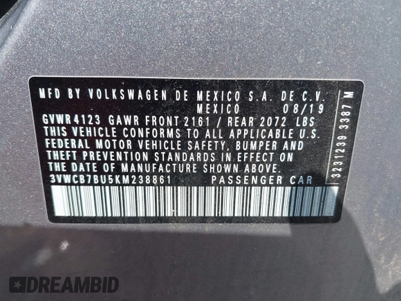 2019 Volkswagen Jetta S с VIN 3VWCB7BU5KM238861, выставлен на аукционе IAAI как лот 42417868 с пробегом 56 268 миль миль и . История ставок и продаж доступна на DreamBid. Изображение 9.
