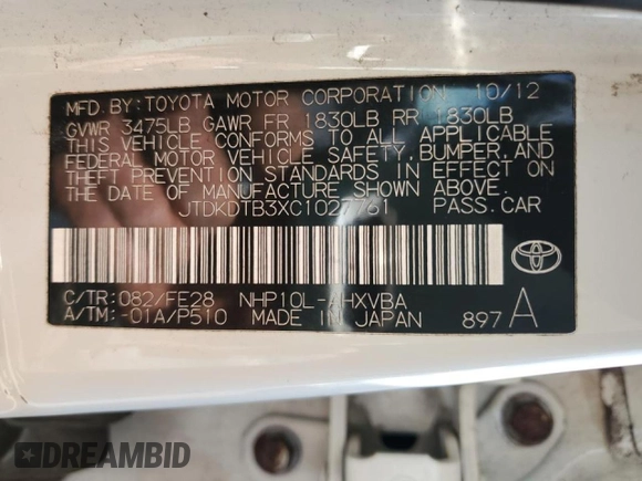 2012 Toyota Prius One with VIN JTDKDTB3XC1027761, listed as a Copart auction lot 45088405 with 95,378 mi miles and Salvage Title. Bid and sale history available at DreamBid. Image 12.