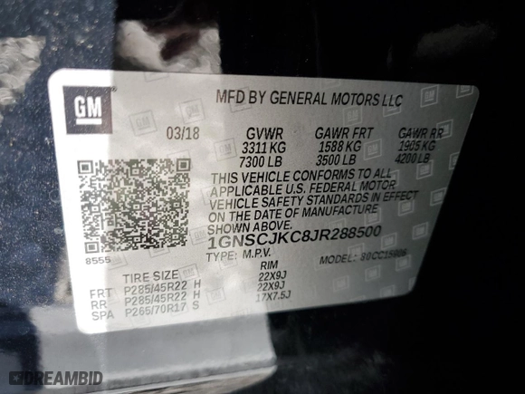 2018 Chevrolet Suburban Premier with VIN 1GNSCJKC8JR288500, listed as a Copart auction lot 76538634 with 161,737 mi miles and Salvage Title. Bid and sale history available at carsss.com. Image 13.