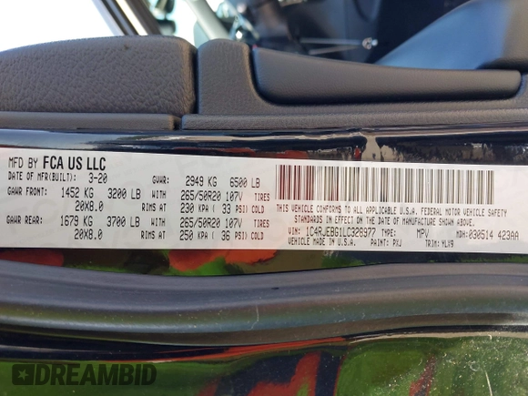 2020 Jeep Grand Cherokee Limited with VIN 1C4RJEBG1LC328977, listed as a IAAI auction lot 42498006 with 54,033 mi miles and . Bid and sale history available at DreamBid. Image 9.