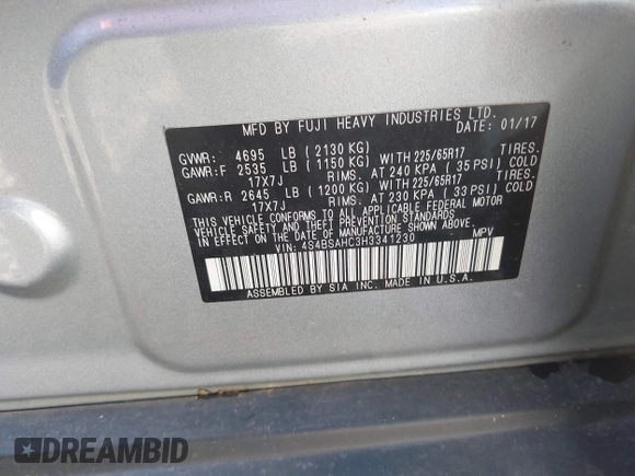 2017 Subaru Outback Premium with VIN 4S4BSAHC3H3341230, listed as a IAAI auction lot 42436520 with 39,913 mi miles and . Bid and sale history available at DreamBid. Image 9.