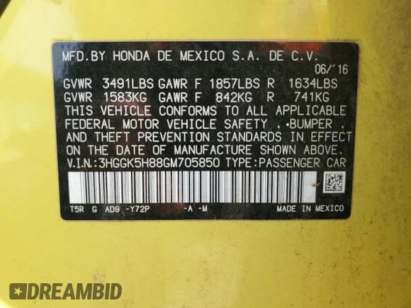 2016 Honda Fit EX-L with VIN 3HGGK5H88GM705850, listed as a Copart auction lot 66675144 with 21,689 mi miles and Salvage title. Bid and sale history available at DreamBid. Image 14.
