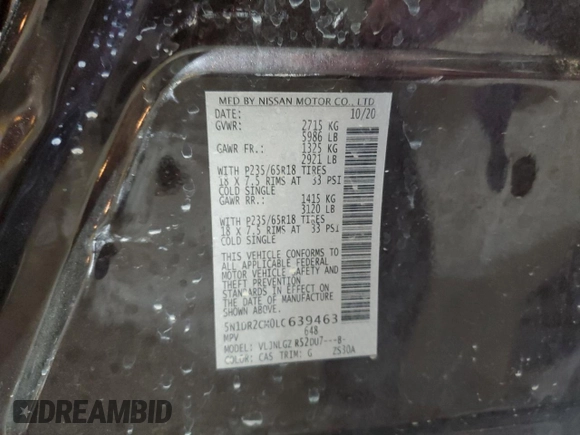 2020 Nissan Pathfinder SL with VIN 5N1DR2CM0LC639463, listed as a Copart auction lot 61338805 with 65,333 mi miles and Salvage title. Bid and sale history available at DreamBid. Image 14.