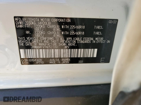 2022 Toyota RAV4 Hybrid XLE Premium with VIN JTMB6RFV1ND521761, listed as a Copart auction lot 54263055 with 46,391 mi miles and Salvage title. Bid and sale history available at DreamBid. Image 14.
