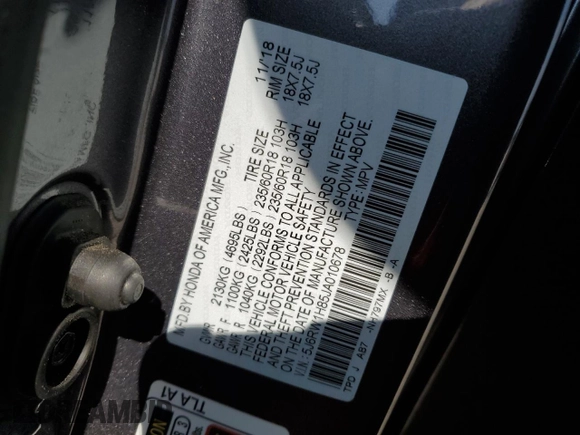 2018 Honda CR-V EX-L with VIN 5J6RW1H85JA010678, listed as a Copart auction lot 53361395 with 88,670 mi miles and Salvage Title. Bid and sale history available at DreamBid. Image 15.