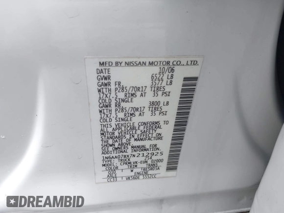 2007 Nissan Titan LE с VIN 1N6AA07BX7N212925, выставлен на аукционе IAAI как лот 42517184 с пробегом 147 671 миль миль и . История ставок и продаж доступна на DreamBid. Изображение 9.