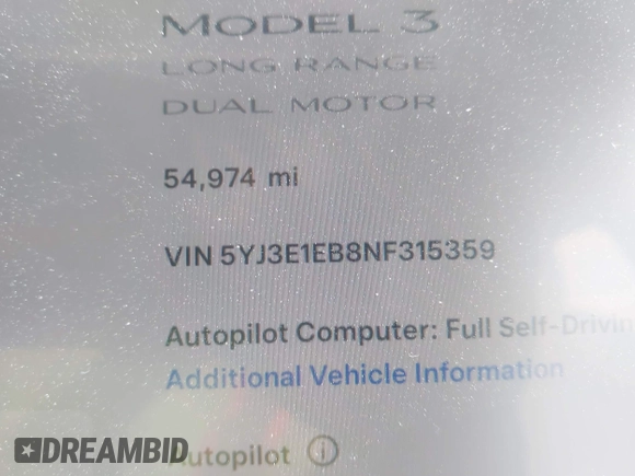 2022 Tesla Model 3 Long Range z VIN 5YJ3E1EB8NF315359, wystawiony jako IAAI lot #42035599 z przebiegiem 54 974 mil mil oraz . Historia ofert i sprzedaży dostępna na DreamBid. Obrazek 15.