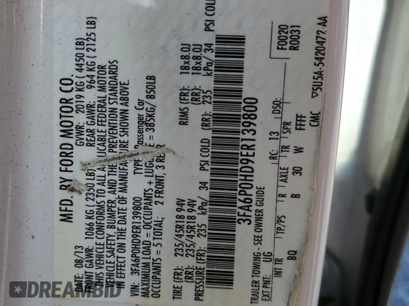 2014 Ford Fusion SE with VIN 3FA6P0HD9ER139800, listed as a Copart auction lot 54731535 with 190,194 mi miles and Clean Title. Bid and sale history available at DreamBid. Image 12.