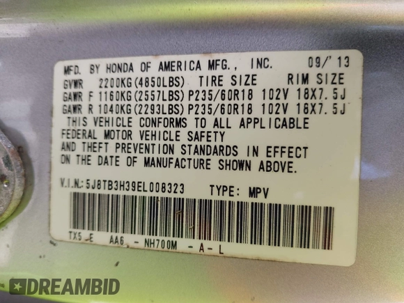 2014 Acura RDX with VIN 5J8TB3H39EL008323, listed as a IAAI auction lot 41583492 with 195,849 mi miles. Bid and sale history available at carsss.com. Image 9.