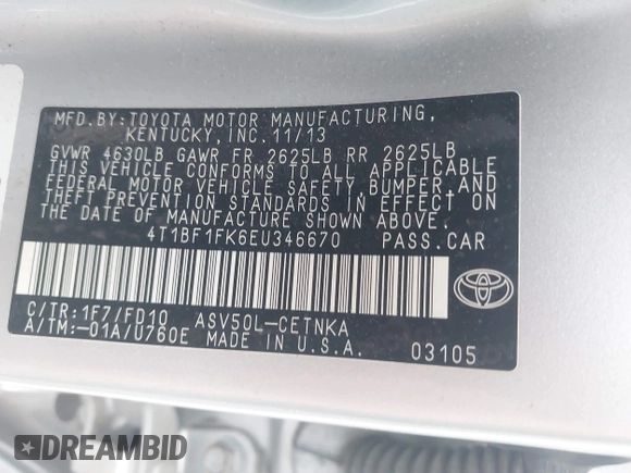2014 Toyota Camry L with VIN 4T1BF1FK6EU346670, listed as a IAAI auction lot 41942544 with 140,438 mi miles and . Bid and sale history available at DreamBid. Image 9.