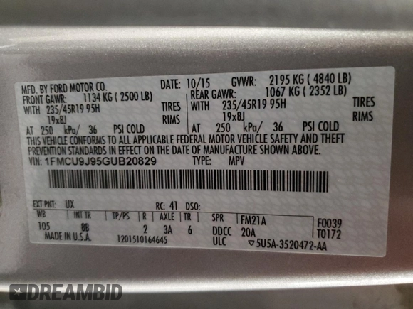 2016 Ford Escape Titanium with VIN 1FMCU9J95GUB20829, listed as a Copart auction lot 52315925 with 97,365 mi miles and Salvage Title. Bid and sale history available at carsss.com. Image 14.