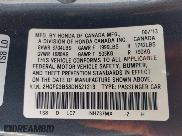 2013 Honda Civic Cpe LX with VIN 2HGFG3B58DH521213, listed as a IAAI auction lot 42042878 with 46,865 mi miles. Bid and sale history available at carsss.com. Image 9.