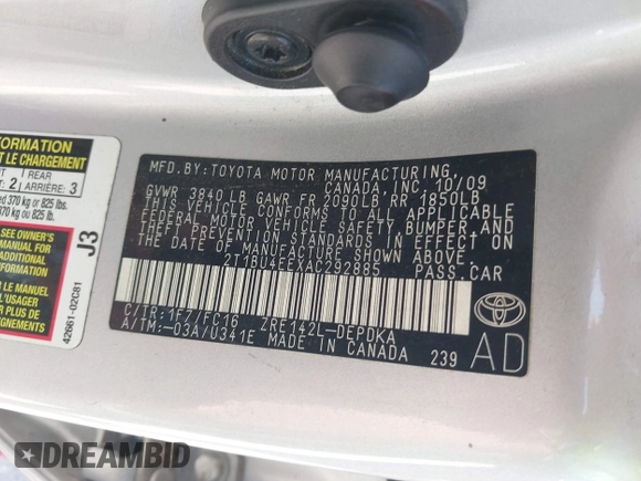 2010 Toyota Corolla z VIN 2T1BU4EEXAC292885, wystawiony jako IAAI lot #42399432 z przebiegiem 155 912 mil mil oraz . Historia ofert i sprzedaży dostępna na DreamBid. Obrazek 9.
