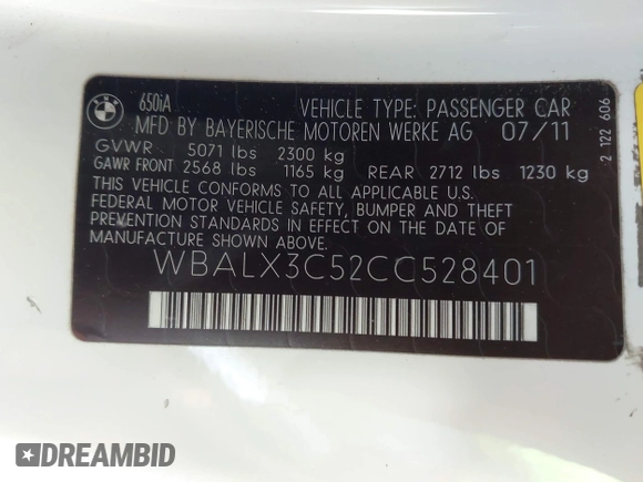 2012 BMW 6 Series 650i with VIN WBALX3C52CC528401, listed as a IAAI auction lot 42046910 with 105,844 mi miles. Bid and sale history available at carsss.com. Image 9.