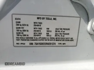 2024 Tesla Model Y Long Range с VIN 7SAYGDEE5RA261374, выставлен на аукционе Copart как лот 57666185 с пробегом 30 174 миль миль и Списание • Salvage title. История ставок и продаж доступна на DreamBid. Изображение 13.