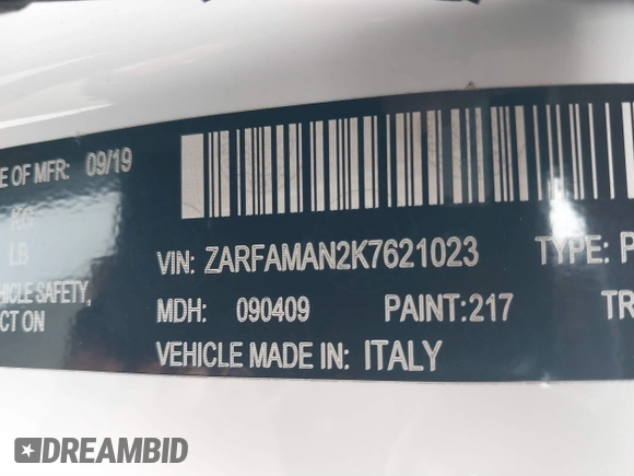 2019 Alfa Romeo Giulia z VIN ZARFAMAN2K7621023, wystawiony jako IAAI lot #41896048 z przebiegiem Nie podano mil oraz . Historia ofert i sprzedaży dostępna na DreamBid. Obrazek 9.
