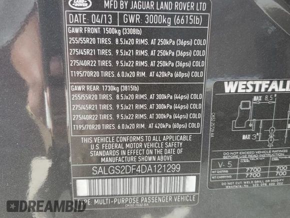 2013 Land Rover Range Rover HSE с VIN SALGS2DF4DA121299, выставлен на аукционе Copart как лот 50076535 с пробегом 104 531 миль миль и Списание • Salvage title. История ставок и продаж доступна на DreamBid. Изображение 13.