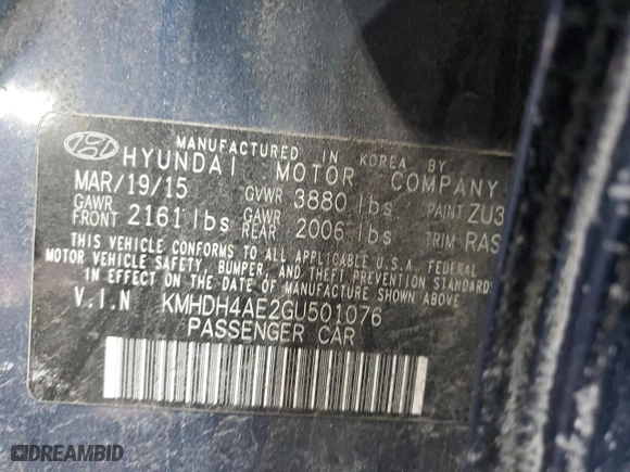 2016 Hyundai Elantra Limited with VIN KMHDH4AE2GU501076, listed as a Copart auction lot 43601095 with 74,386 mi miles and Salvage Title. Bid and sale history available at carsss.com. Image 12.