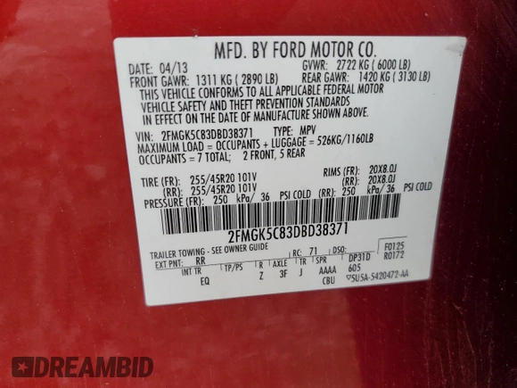 2013 Ford Flex SEL z VIN 2FMGK5C83DBD38371, wystawiony jako Copart lot #50959765 z przebiegiem Nie podano mil oraz Szkoda całkowita • Salvage title. Historia ofert i sprzedaży dostępna na DreamBid. Obrazek 14.