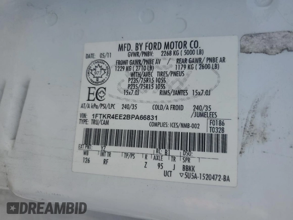 2011 Ford Ranger XLT with VIN 1FTKR4EE2BPA66831, listed as a Copart auction lot 55507085 with 217,944 mi miles and Clean title. Bid and sale history available at DreamBid. Image 12.