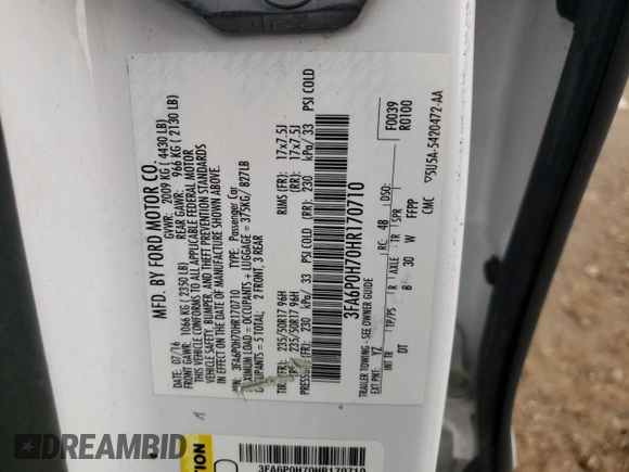 2017 Ford Fusion SE with VIN 3FA6P0H70HR170710, listed as a Copart auction lot 53024295 with 156,147 mi miles and Salvage Title. Bid and sale history available at DreamBid. Image 12.