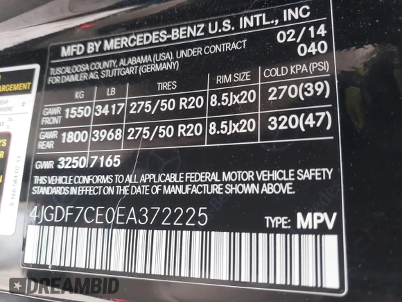 2014 Mercedes-Benz GL 450 with VIN 4JGDF7CE0EA372225, listed as a IAAI auction lot 42141012 with 158,045 mi miles and . Bid and sale history available at DreamBid. Image 9.