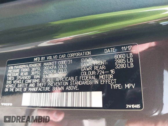 2018 Volvo XC90 Momentum with VIN YV4102PK4J1348626, listed as a IAAI auction lot 41478726 with 141,694 mi miles. Bid and sale history available at carsss.com. Image 9.