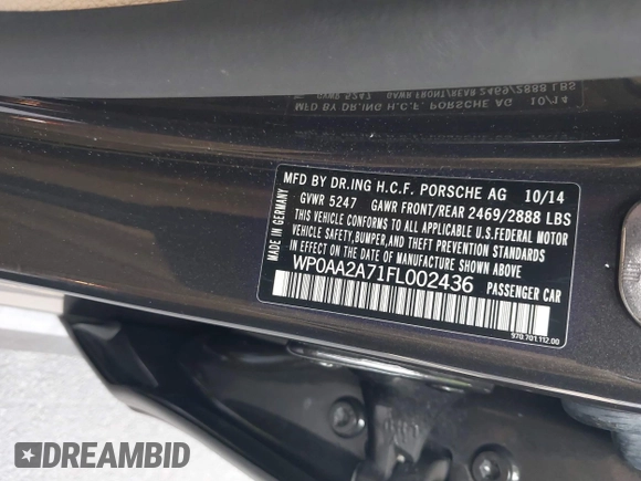 2015 Porsche Panamera 4 с VIN WP0AA2A71FL002436, выставлен на аукционе IAAI как лот 42479904 с пробегом 64 750 миль миль и . История ставок и продаж доступна на DreamBid. Изображение 9.