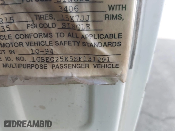 1995 Chevrolet Chevy Van с VIN 1GBEG25K5SF131291, выставлен на аукционе IAAI как лот 41861888 с пробегом 90 365 миль миль и . История ставок и продаж доступна на DreamBid. Изображение 9.