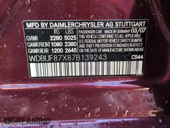 2007 Mercedes-Benz E 350 with VIN WDBUF87X87B139243, listed as a Copart auction lot 48428485 with 65,552 mi miles and Salvage Title. Bid and sale history available at DreamBid. Image 12.